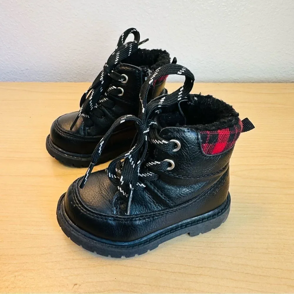 Carters‎ Unisex Black Vegan Leather Red Buffalo Check Toddler Boots Size 5